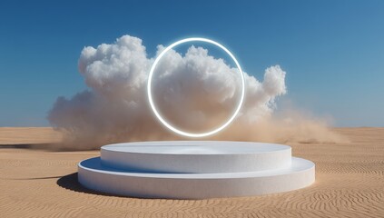 Wall Mural - White Platform in Desert with Cloud and Glowing Circle