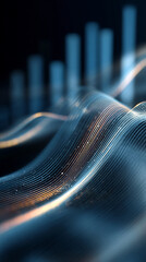 Poster - Abstract image of flowing, metallic lines creating a wave-like pattern, with blurred bar graph in background, suggesting data visualization or technological progress