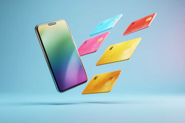 Poster - Smartphone with colorful credit cards floating around it, showcasing contactless payment concept, modern technology and online banking