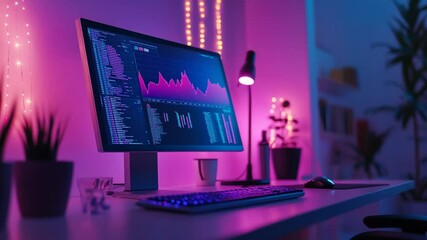 Fototapete - Modern Programmer Workspace with Data Analysis Display and Aesthetic Neon Lighting Setup