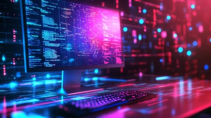 Fototapete - Abstract Coding Environment with Lines of Code and Futuristic Glows for Technology