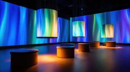 Poster - Modern art installation featuring illuminated cylindrical displays in a vibrant gallery space