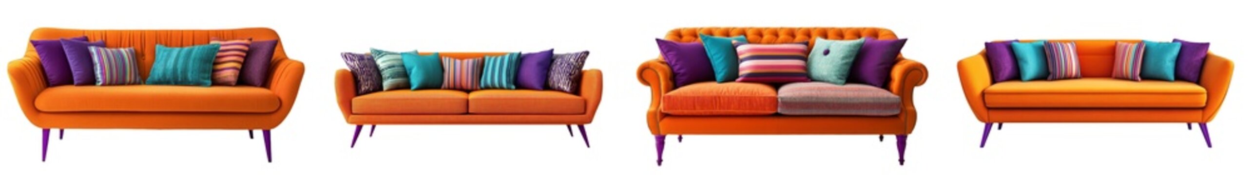 Collection of Orange Sofas with Colorful Cushions on a transparent background, PNG image, PNG file.