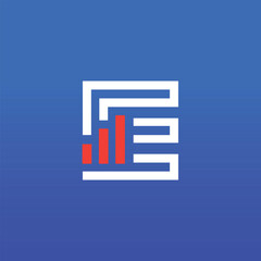 Poster - The image shows a flat logo design of an initial letter E in white color with orange graph bar that looks clean and sharp on a blue background. The logo can be used for business related purposes.