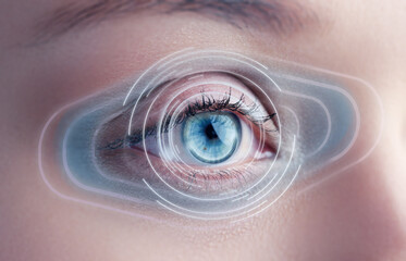 Poster - Digital eye interface technology showing futuristic enhancements in a close-up of a human eye with blue iris pattern