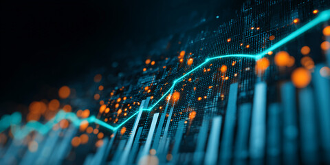 Poster - Abstract image of glowing teal line graph rising over dark background with orange highlights, symbolizing growth, progress, and technological advancement