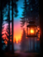 Wall Mural - tranquil forest scene at dusk with a glowing lantern illuminating the path ahead
