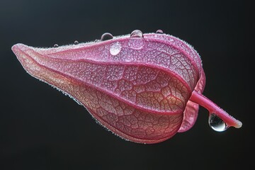 Wall Mural - A close-up of a pink flower petal with water droplets, showcasing intricate details and textures.