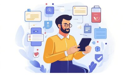 Poster - Business professional using application on tablet with data flow for process automation