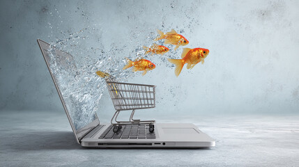Aufkleber - Goldfish jump from laptop screen into shopping cart, water splashing around, symbolizing online shopping or e-commerce concept
