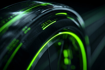 Poster - Close-up of a futuristic tire with green neon lights, showcasing sleek design and technological advancement, symbolizing speed, innovation, and modern transportation