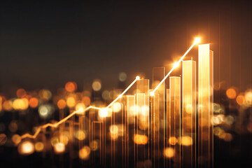 Poster - golden bar graph rising against blurred city lights, symbolizing growth, success, and progress in bu