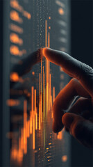 Poster - Close-up of finger interacting with glowing orange digital data bars on a screen, showcasing technological interaction and data analysis, representing progress and innovation