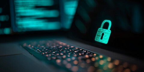 Poster - Blurred laptop keyboard, glowing teal padlock icon on screen, suggesting digital security, data protection, and online privacy