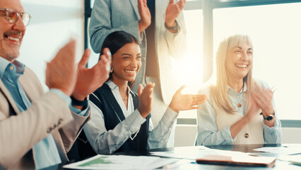 Poster - Happy, business people or clapping for financial charts achievement, target or profit growth. Investor, applause or team support in meeting for success, deal or well done for investment agreement