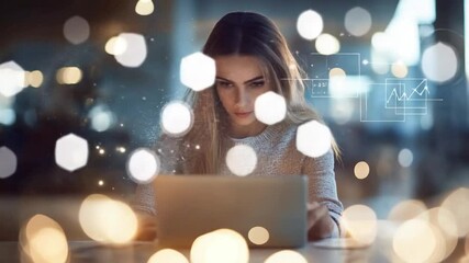 Poster - Young Woman Analyzing Data with Laptop in Illuminated Environment, Focusing on Finance