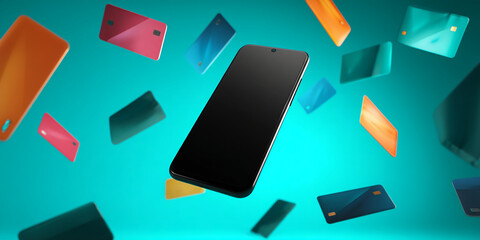 Poster - Black smartphone screen mockup surrounded by colorful credit cards, floating on a teal background, showcasing mobile payment concept and online banking