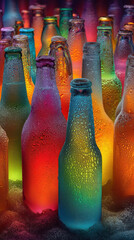 Poster - Colorful glass bottles with condensation glow vibrantly in dark setting