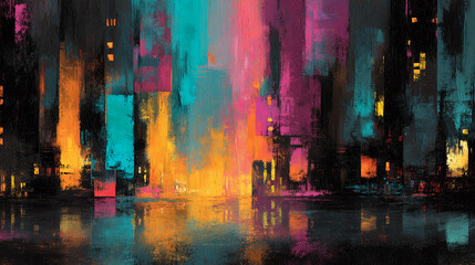 Aufkleber - Abstract city nightscape painting, vibrant teal, orange, pink hues, thick brushstrokes creating texture, showcasing urban energy and reflection, ideal for modern design