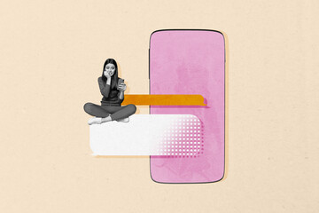 Poster - Collage of young woman using smartphone for social media chat big touchscreen blogging with message bubble graphics