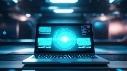 Fototapete - Futuristic Laptop Displaying Data and Glowing Digital Circle, High-Tech Environment