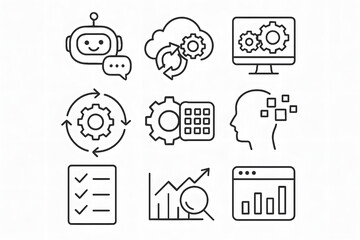 Poster - Iconic Tech: A comprehensive set of modern icons symbolizing diverse aspects of technology, showcasing concepts from artificial intelligence to data analysis and workflow processes.