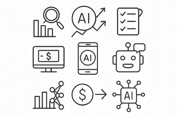 Poster - AI Technology Icon Set: A comprehensive set of crisp, minimalist icons representing various aspects of artificial intelligence, data analysis, and financial technology.