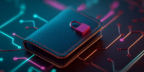 Poster - dark leather wallet with pink padlock, resting on a circuit board background, showcasing digital sec
