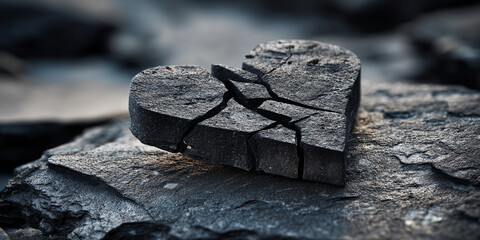 Poster - Close-up of a cracked stone heart resting on dark rocks, symbolizing heartbreak, loss, or fragility, suitable for grief, sorrow, or remembrance concepts