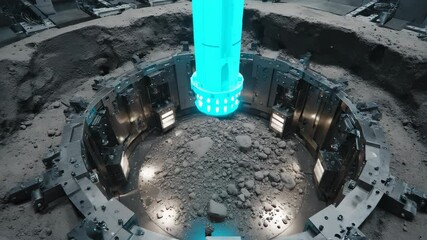 Poster - Glowing turquoise energy beam extracting resources from a lunar surface within a circular mining facility, showcasing advanced technology and extraterrestrial operations