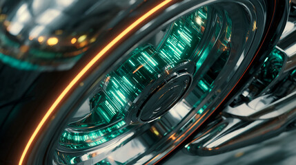 Poster - Close-up of metallic wheel with teal and orange accents, showcasing sleek design and futuristic technology, symbolizing innovation, speed, and power