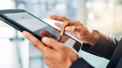 Aufkleber - Business person, hands and tablet with stock market research for analysis or statistics at office. Network, investor or employee browsing with technology for online finance, trading or investment app