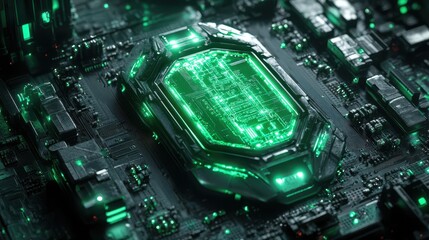 Fototapete - Close-up of a futuristic CPU with glowing green circuitry details. Use for tech, data, AI, or high-performance computing concepts.