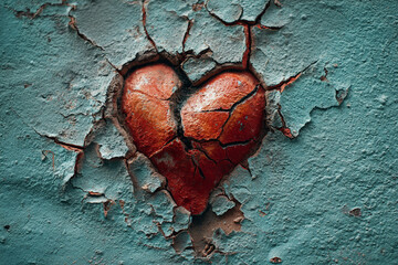 Poster - Cracked red heart embedded in teal textured wall, symbolizing heartbreak or resilience, ideal for Valentine's Day or emotional themes