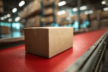 Poster - Brown cardboard box on red conveyor belt, warehouse background, showcasing product transport and logistics