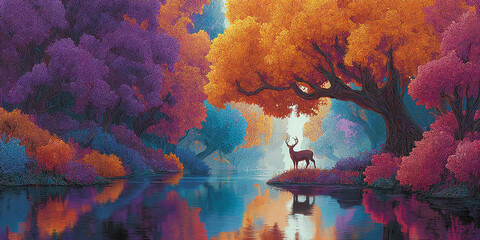 Poster - Stylized painting of deer by lake in autumnal forest, vibrant purple, orange, teal foliage, calm water reflection, showcasing tranquil nature scene
