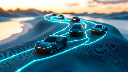 Wall Mural - Futuristic Cars On Digital Path At Sunset Landscape
