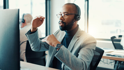 Poster - Businessman, agent and talking with headset at office for customer service or online advice. Man, employee or consultant speaking with mic for telecommunications or virtual assistance at call center