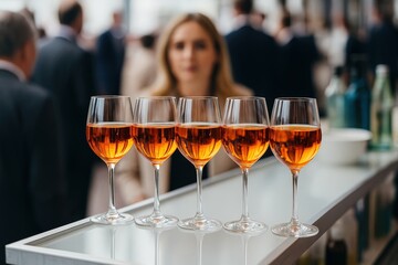 Poster - Four wine glasses filled with amber liquid, possibly whiskey or brandy, lined up on countertop in front of blurred figures.