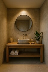 Poster - bathroom vanity with round mirror above it, wooden countertop, and bowl sink. On countertop, there is potted plant and two candles.