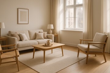 Poster - modern living room with neutral tones, featuring sofa, armchair, coffee table, rug, and framed artwork on wall.