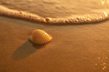 Aufkleber - single seashell rests on wet sand of beach during low tide.