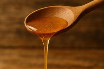 Fototapete - Wooden spoon holding honey dripping from it.