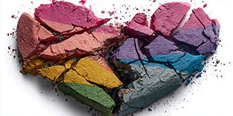 Poster - Broken colorful eyeshadow in heart shape, scattered on white background, symbolizing heartbreak or vulnerability, suitable for Valentine's Day or makeup themes