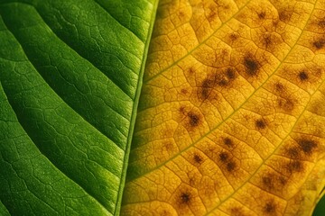 Aufkleber - Two leaves side by side, one green and other yellowing with brown spots, indicating seasonal change.