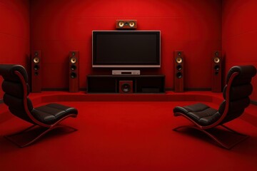 Aufkleber - red room with two black recliner chairs facing flat-screen TV on wall.