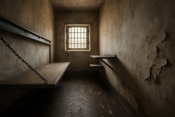 Poster - small concrete cell with two bunk beds, one of which is empty, and window with bars on it.