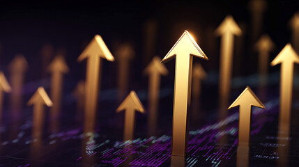 Poster - golden arrows pointing upward on a dark background with purple and teal data visualizations, symboli