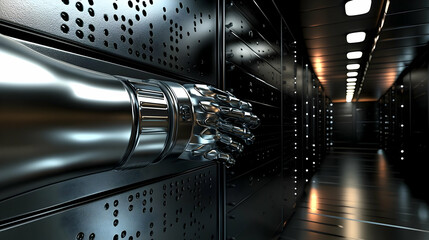 Wall Mural - Metallic Robot Arm In Futuristic Dark Corridor