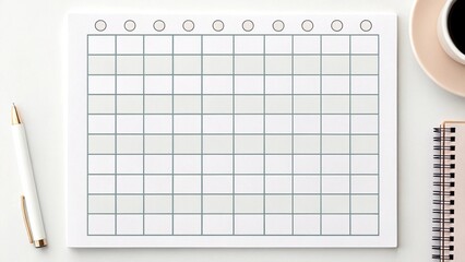 Minimalist flat lay of a blank grid tablet screen, possibly showing a planning app or template, surrounded by office supplies. Ideal for productivity, organization, or digital planning themes.

